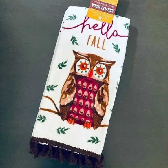 NWT Fall Owl Tassel Kitchen Dish Towels Set