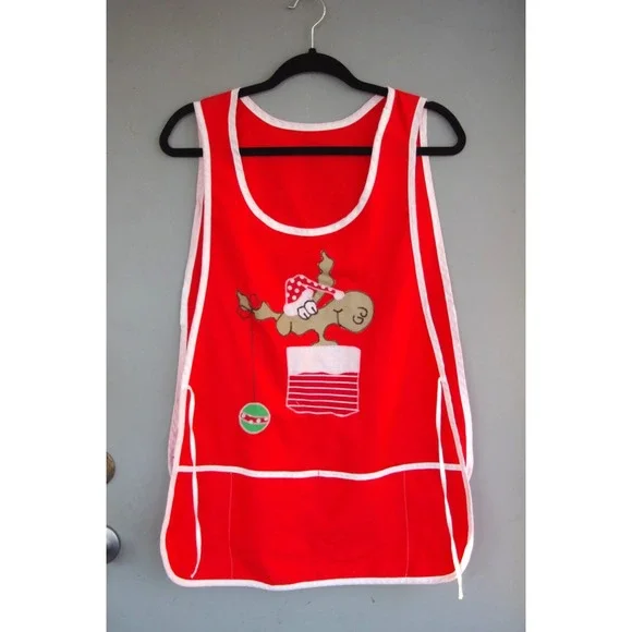 Vintage 70s‎ Christmas Moose Smock Apron Embroidered Unique EUC