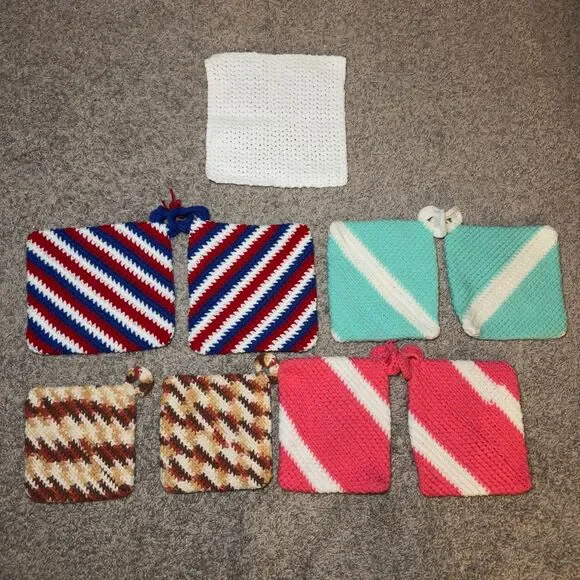 Hand Crochet Hot Pads Pink Blue Brown USA Kitchen Farmhouse Cottage LOT of 9