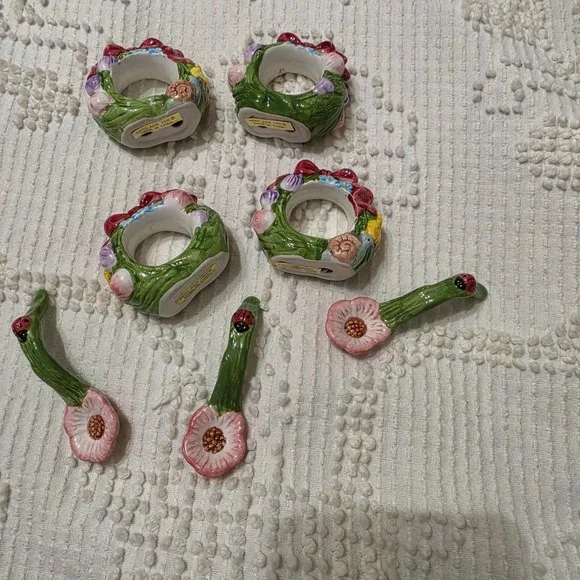 Vintage 1999 Mercuries Spring Ceramic Napkin Holder Rings & Spoons Set