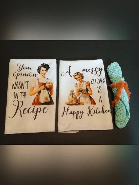 2 Vintage Kitchen Quote Tea Towels Set with Homemade Crocheted Green Dish Cloth