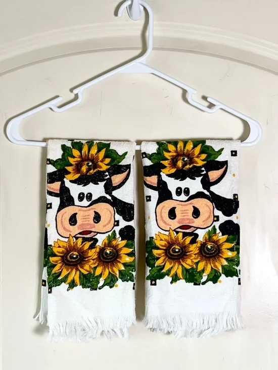 Set of 2 Vintage Glenda Betz Cow & Sunflower Dish Towels, Ramie Cotton Farmhouse
