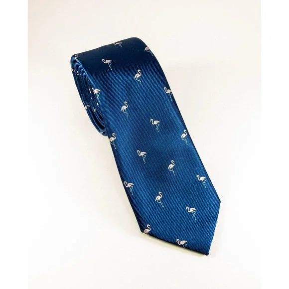 Banana Republic Silk Tie, Navy Repp Tie Embroidered Pink Flamingos, Modern 3x59
