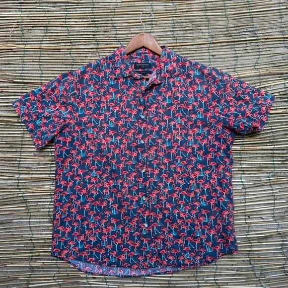 Banana Republic Linen Cotton Flamingo Print Shirt Size Large Short Sleeve Summer
