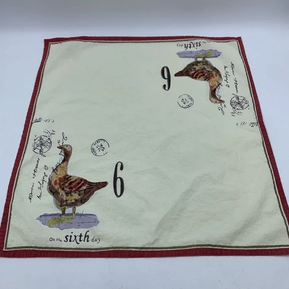Williams Sonoma Twelve Days Of Christmas Cloth Cotton Napkins Red Trim‎ Day 6