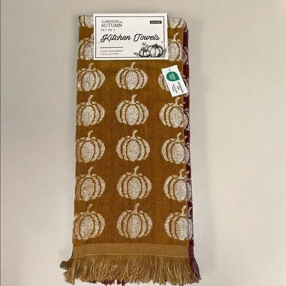 ENVOGUE Caramel Brown White Burgundy Green Harvest Pumpkin Fringe Kitchen Towels