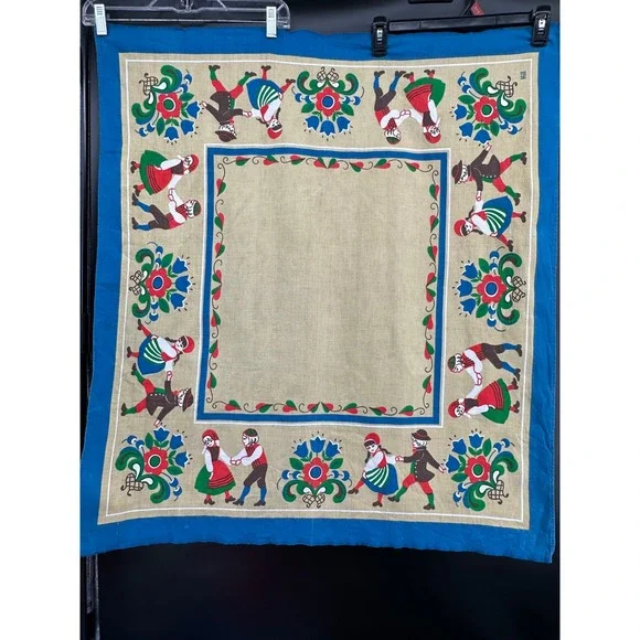 Vintage Scandinavian Folk Dance Linen Tablecloth / Wall Hanging – Blue Border‎