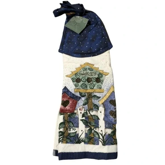 Vtg Hanging Kitchen Towel‎ Embroidered Birdhouse Welcome NOS Americana Country