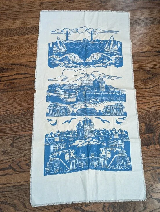Vintage Blue Coastal Linen Tea Towel / Wall Hanging – Nautical Harbor Scene 40