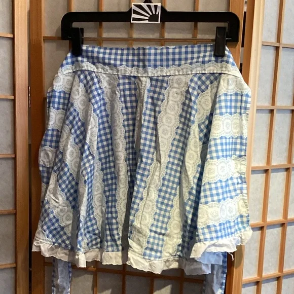 Vintage Handmade Blue and White Gingham Half Apron with Eyelet Lace Trim