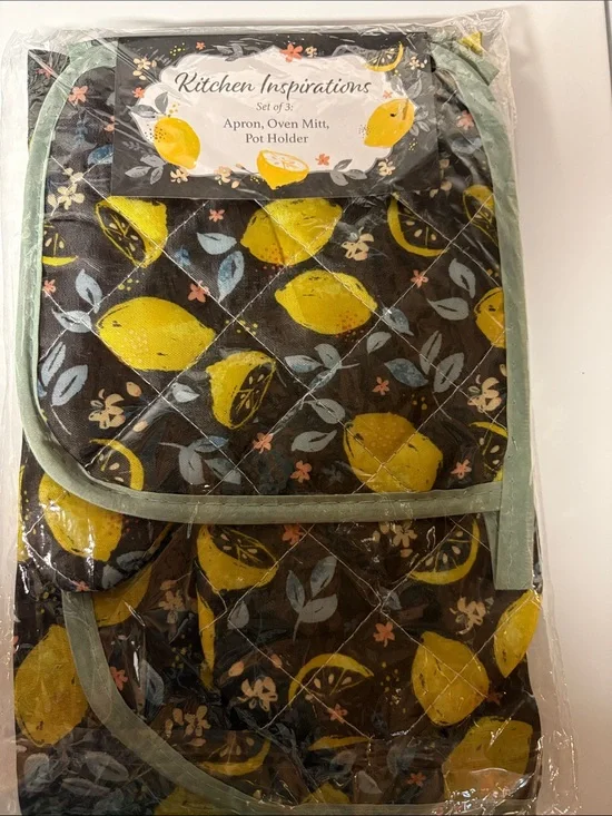 Lemon Print Kitchen Set - Apron, Oven Mitt & Pot Holder