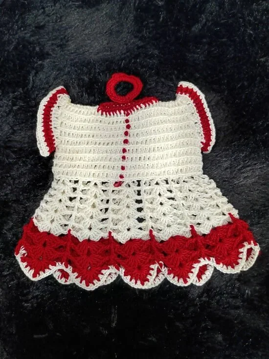 Handmade Crochet Dress-Style Kitchen Towel Holder In White & Red With Hanging Lo