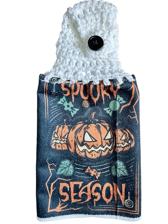 Hand Crafted Halloween Spooky Season Pumpkin Hanging Hand Towel - Black & Orange