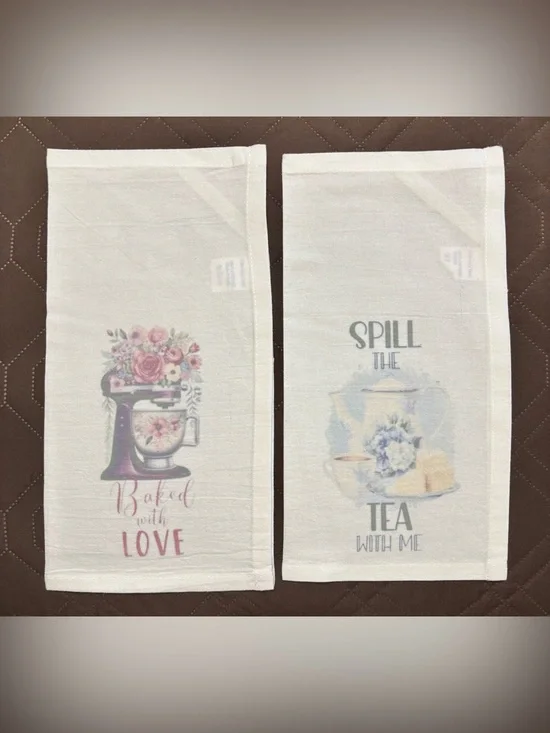 NEW Set of 2 Floral Baking & Tea Kitchen Towels - White with Pink & Blue Prints