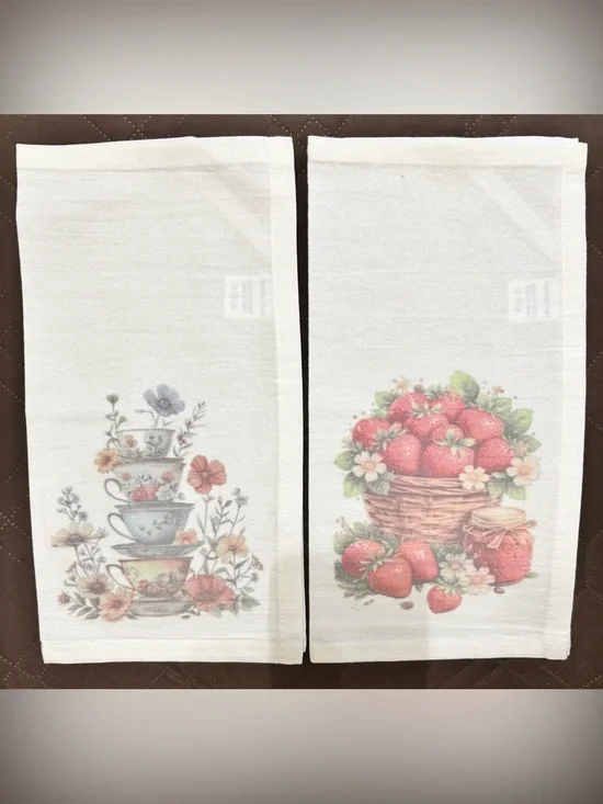 NEW White Floral Tea Cup & Strawberry Kitchen TeaTowels - Set of 2