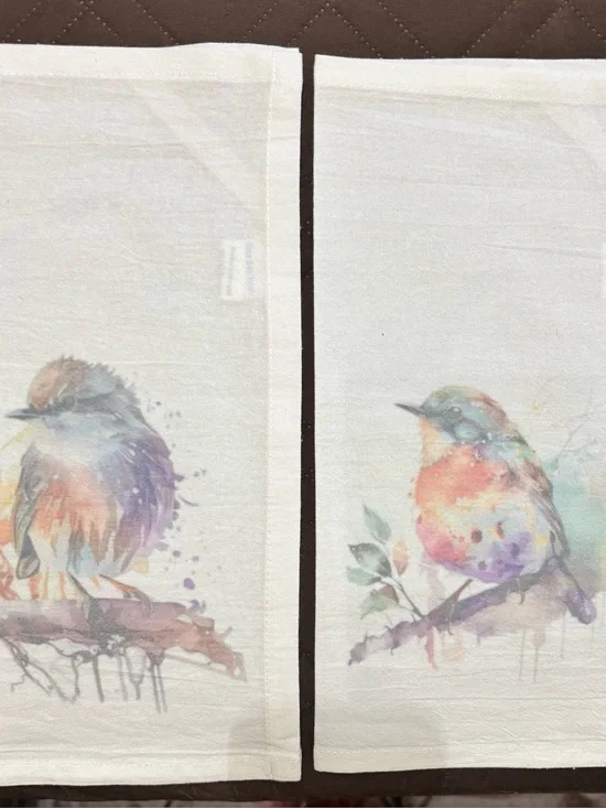 NEW Bird Watercolor Kitchen TeaTowels - White with Multicolor Bird Print