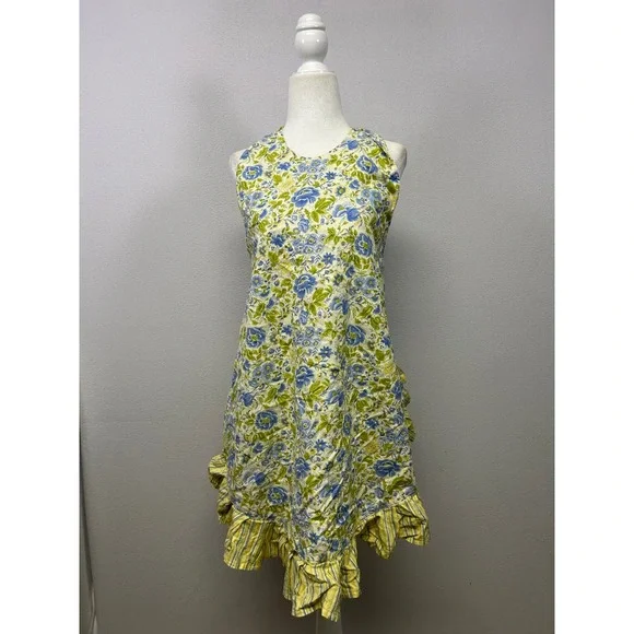 Cottagecore Vintage Women OS Country Chic Yellow Blue Floral Ruffle Halter Apron