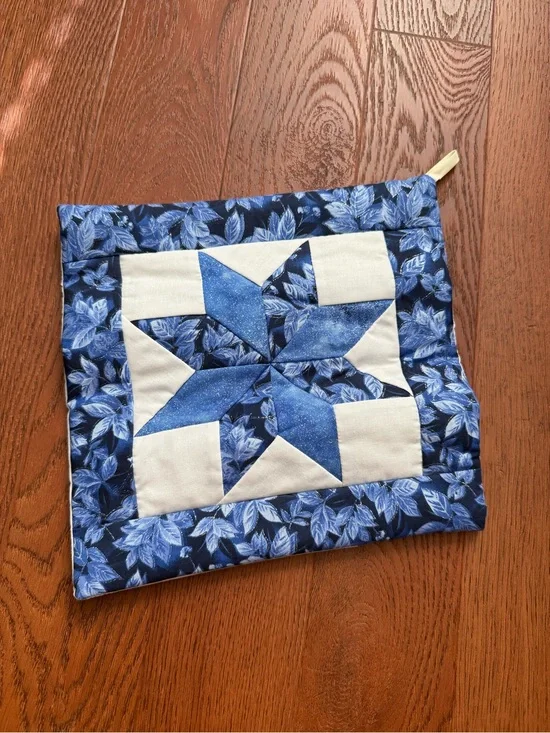 Handmade Quilted Star Potholder Pocket Blue White Patchwork Vintage Style