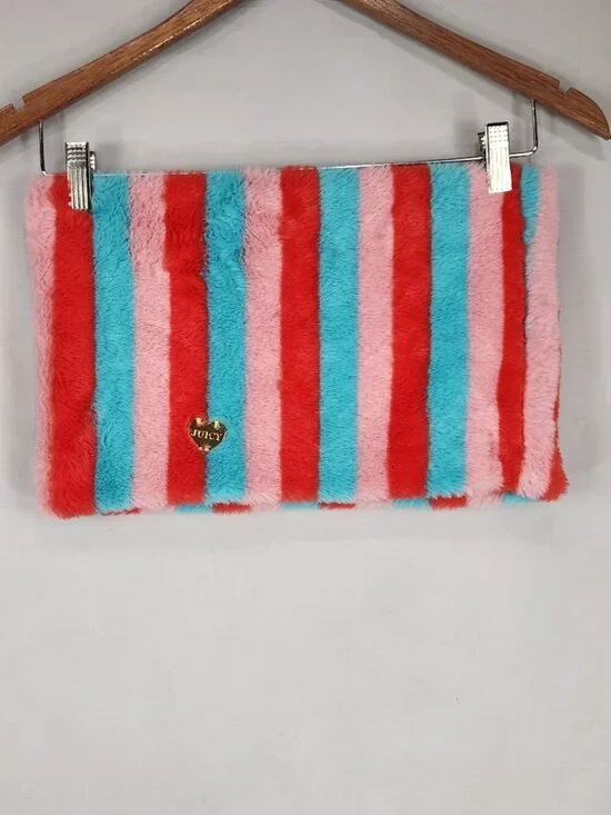 Juicy Couture Kids Winter Striped Snood Scarf Faux Fur Blue Pink Red