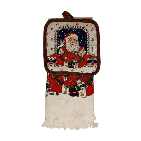 NOS Vintage FRANCO Kitchen Towel and‎ Pot Holder Set Santa Claus Christmas