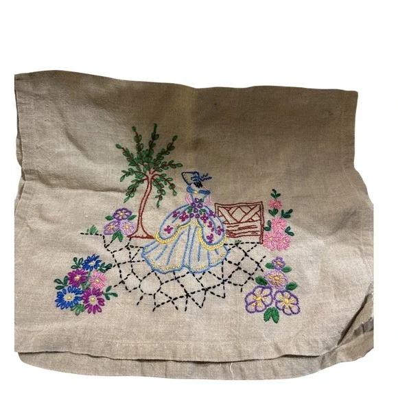 Vintage Hand Embroidered Linen‎ Tea Towel Crinoline Lady Garden Scene 23x14