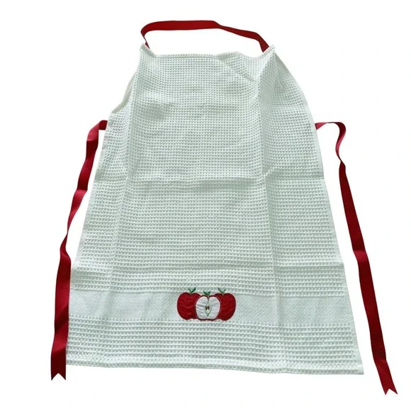 White Waffle Weave Bib‎ Apron Red Ties Embroidered Apple Fruit RN 75343 Turkey