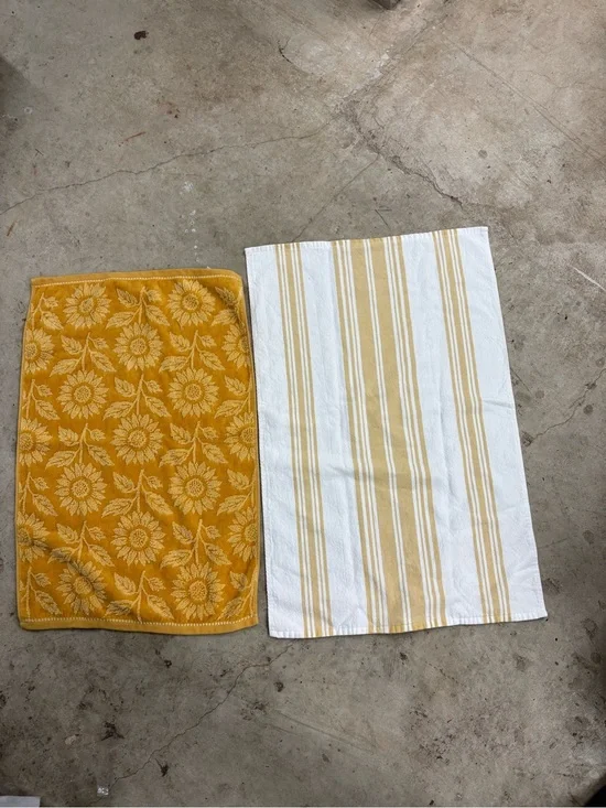 2pc Cotton Kitchen/Tea Towels Set, Yellow Floral & White Stripe, Farmhouse