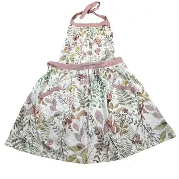 World Market Floral Cotton Bib Apron‎ Mauve Green Botanical Pleated Pockets