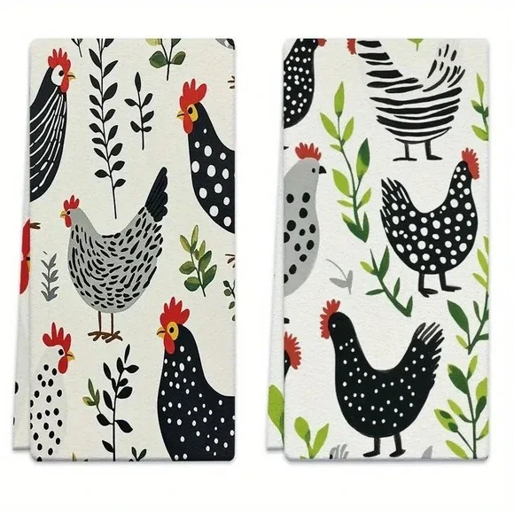 Set of 2 Farmhouse Chicken Rooster Kitchen Tea Towels Whimsical Country Decor