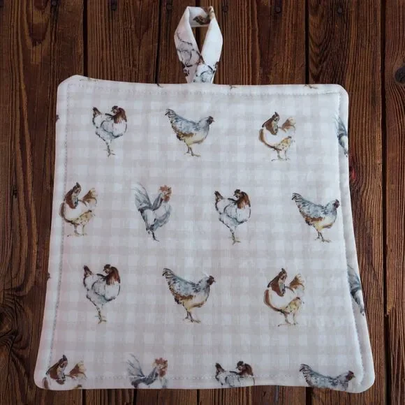 Handmade Potholder, Gingham Chickens