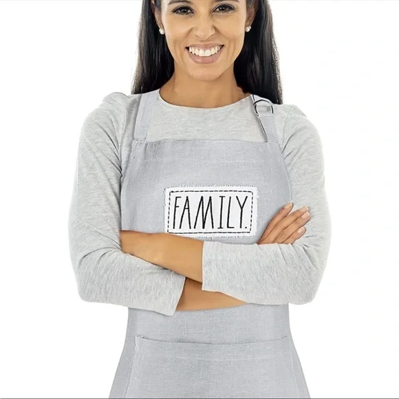 NEW! RAE DUNN Apron Embroidered Patch FAMILY With Pocket Adjustable Gray White