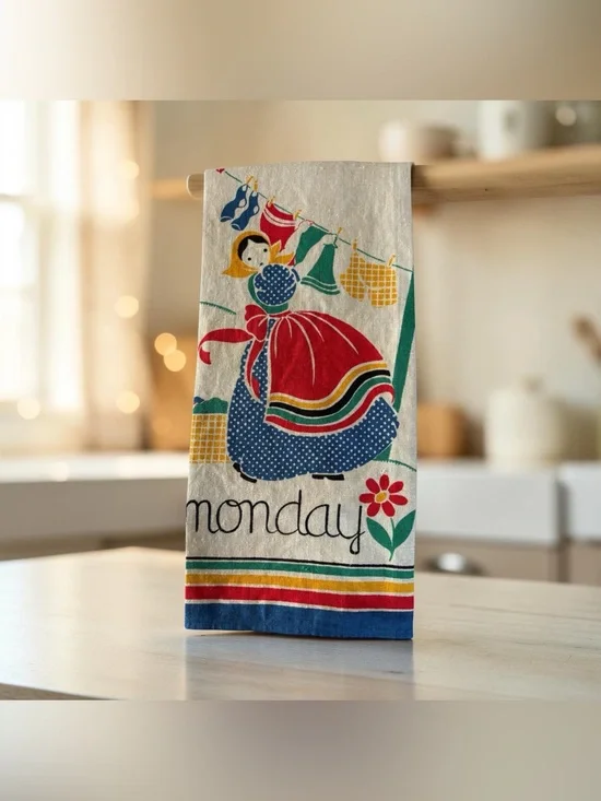 MCM Quality Linens Pure Linen Tea Towel Days Of The Week “Monday” Dutch Girl