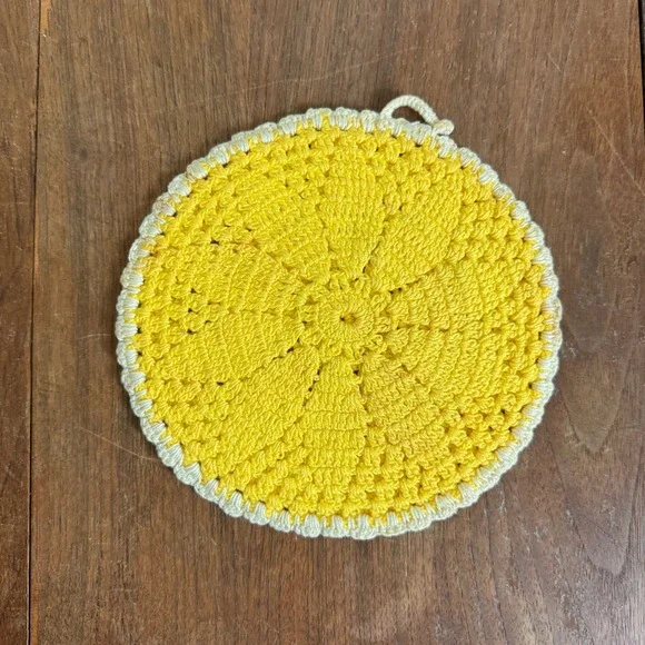 Vintage hand knitted Crocheted Yellow Double Layer Pot‎ Holder