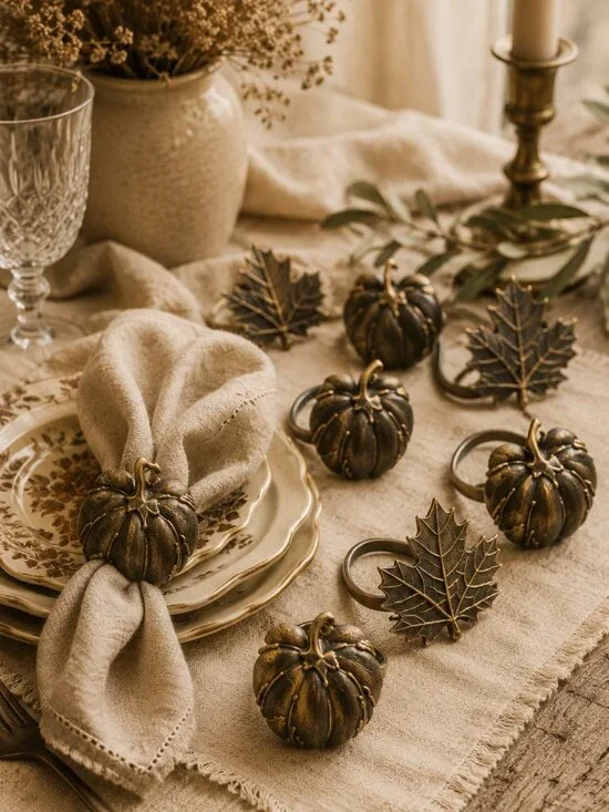 Set of 8 Vintage Bronze Finish Pumpkin & Maple Leaf Fall Napkin Ring Holders