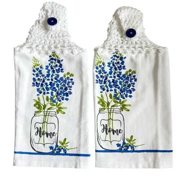 Hand Crafted Colorful Floral Home Blue and Green Hanging Kitchen Hand Towels