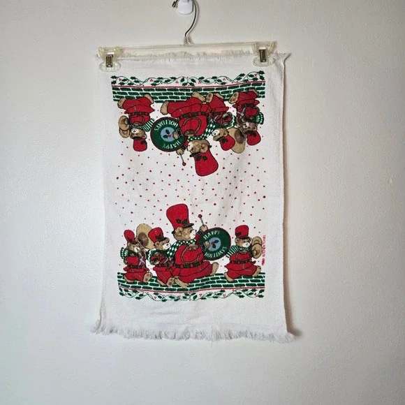 Vintage 1980 Christmas Teddy Bear‎ Marching Band Kitchen Towel Fringed Retro 80s