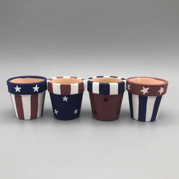 Americana‎ Napkin Rings Set 4 Hand-Painted Terra-Cotta Patriotic Stars Stripes