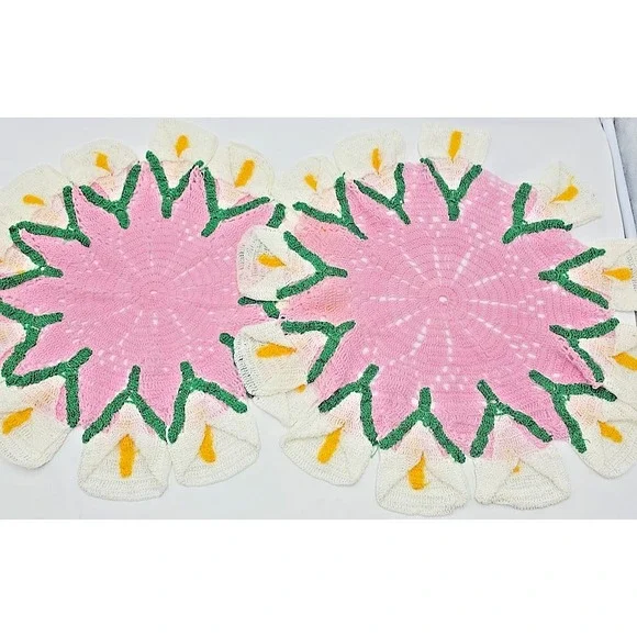 2 Handmade Crochet‎ Flower Cottagecore Starburst Vintage 1950s Doilies