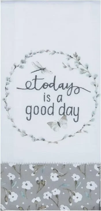 Kay Dee Designs TODAY IS A GOOD DAY Embroidered Gray Floral Tea Towel NEW
