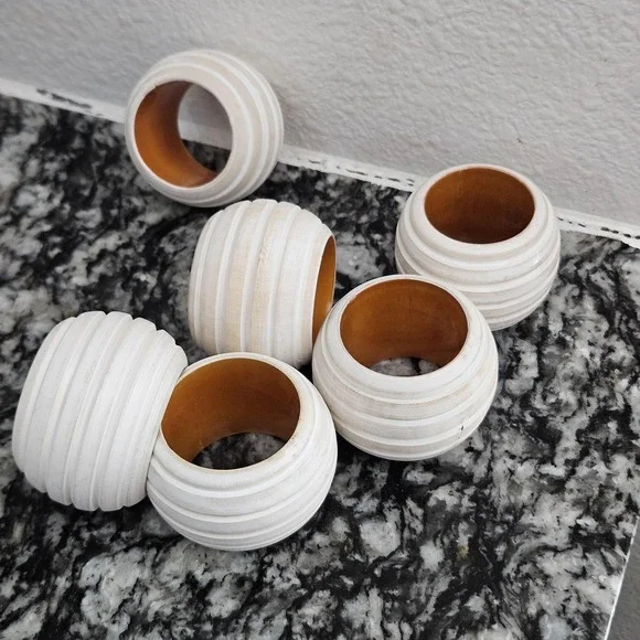 Vintage whitewashed Ribbed Napkin Rings with mustard melamine center-‎ set of 6
