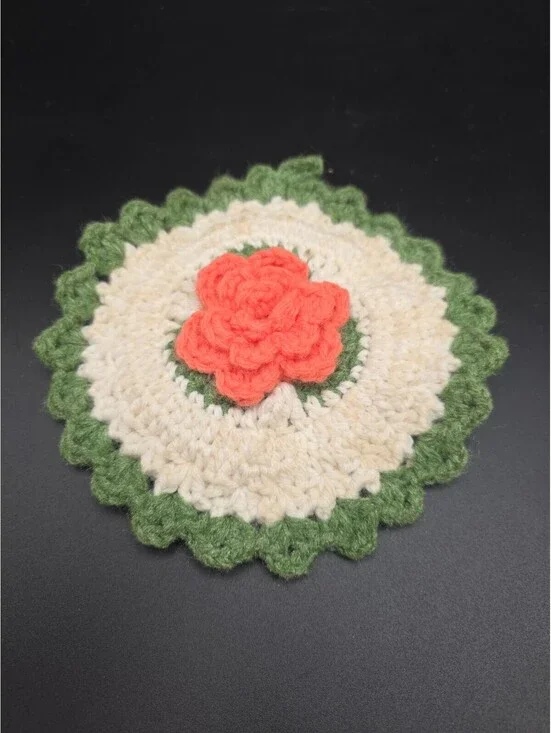 Vtg Handmade Crochet Lace Pot Holder Grannycore Craft Pink Rose 3D Flower 7