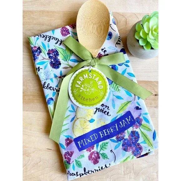 New Mixed Berry Jam Fruit Theme Wooden Spoon & Cotton Kitchen Towel Gift Set