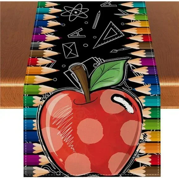 Back to School Table Runner 13x72 Apple Pencil Classroom First Day Party Table D