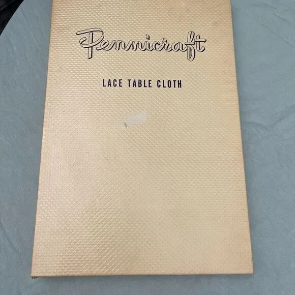 Vintage Pennicraft  cream tan colored lace table cloth rectangle 84” x 64”.