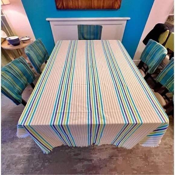 Max Studio Home Tablecloth Blue/Aqua/Green Striped Fringed 54 X 104 100% Cotton