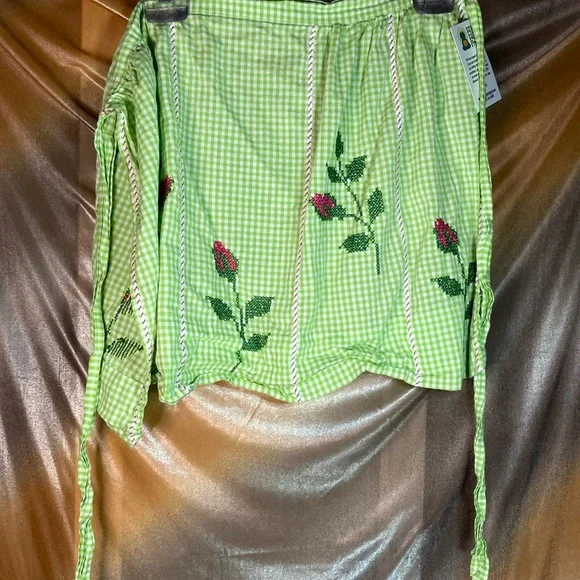 Vintage green gingham apron with cross stitch roses. 18 x 16‎ plus straps