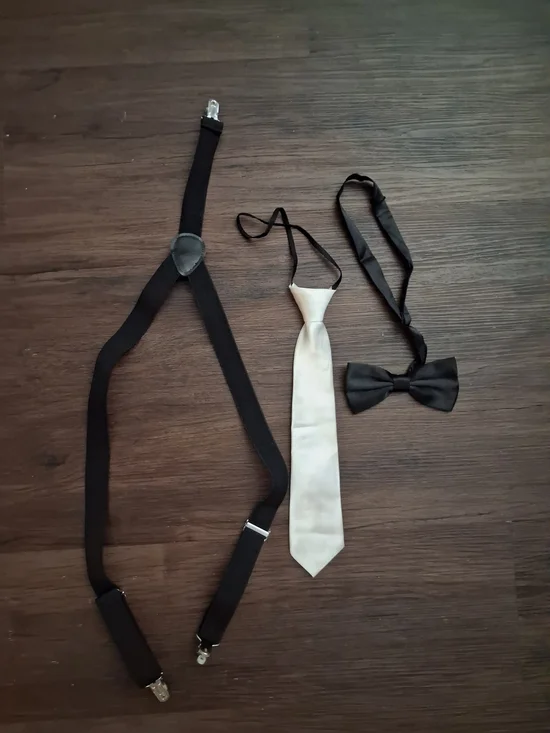 Kids Black Suspenders with White Tie and Black Bow Tie Set
