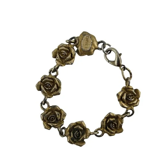Express Rose Floral Link Kids Bracelet Antique Style Gold Tone FAIR Cottagecore