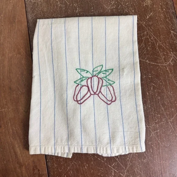 Vintage Blue Stripe Cotton Table Runner Kitchen‎ Hand Towel Embroidered Peppers