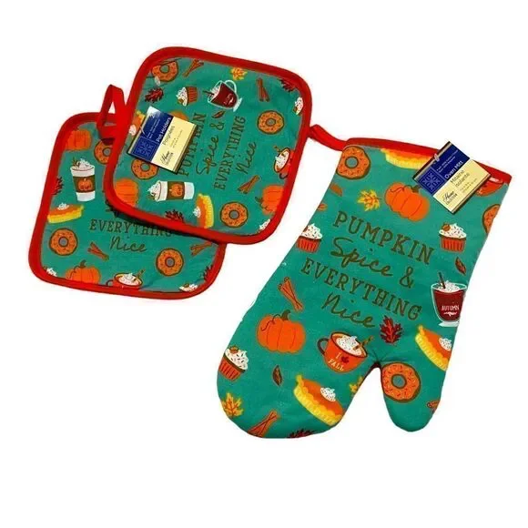 NWT 3 Piece Set Kitchen Thanksgiving Pot Holders Oven Mitts